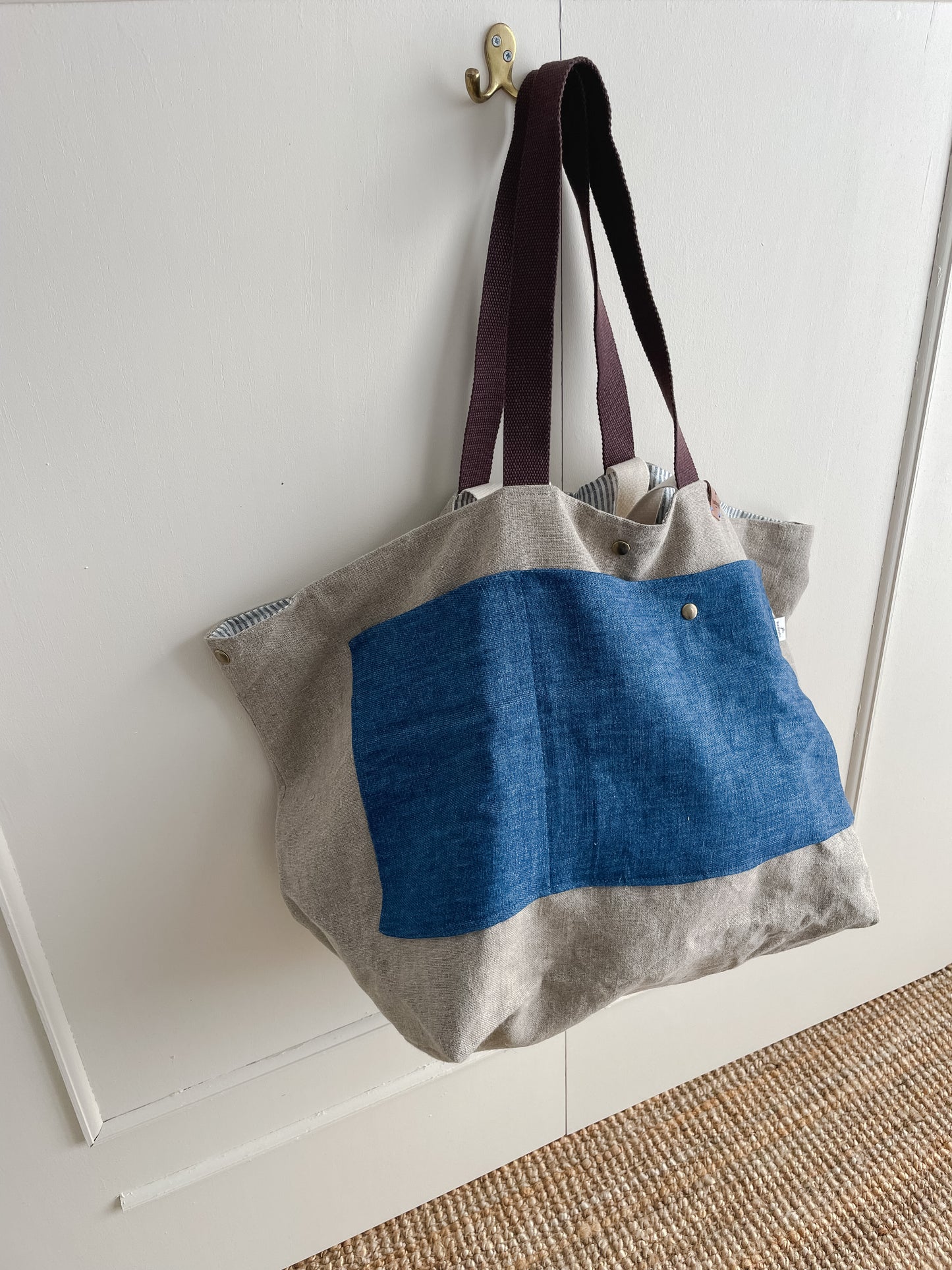 MIDI beach bag: natural + indigo details