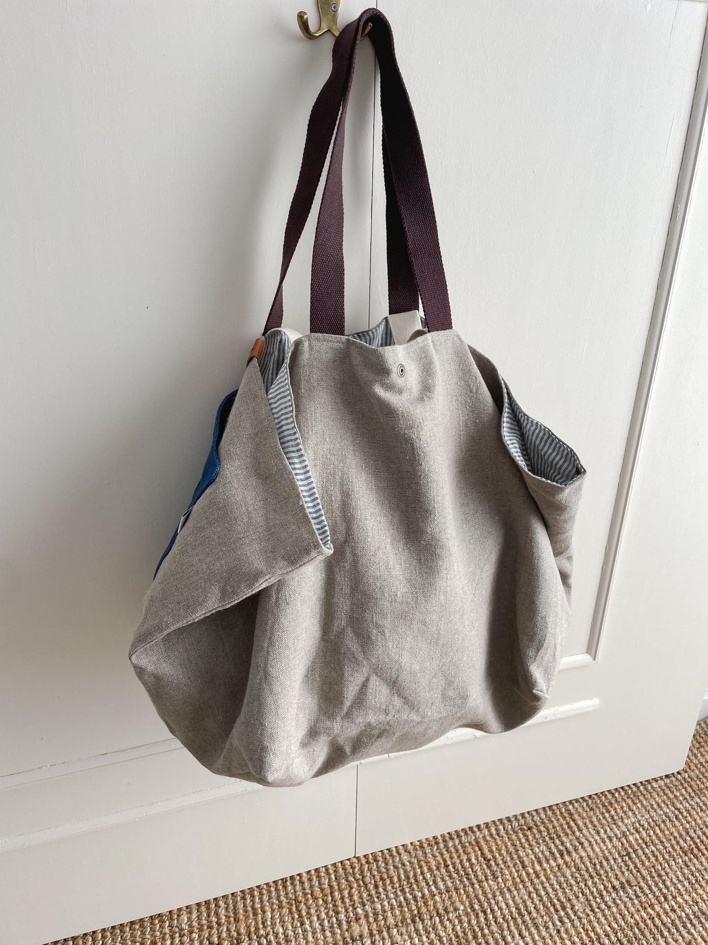 MIDI beach bag: natural + indigo details