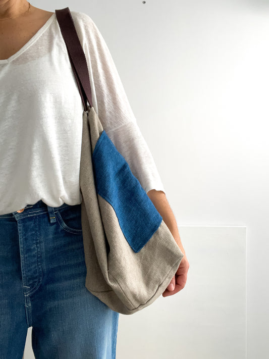 MIDI beach bag: natural + indigo details